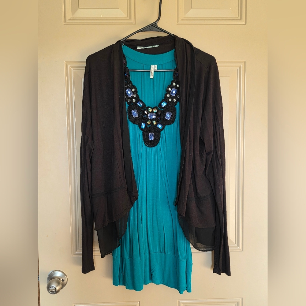 Maurices And Studio Y Teal Dress Top with Black Cardigan Large